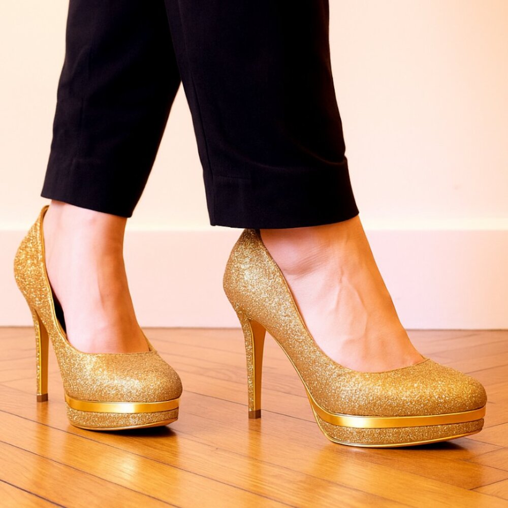 ✨️ Vintage Baby Phat Gold Glitter Platform Round Toe Stiletto "Y2K" heels 8.5